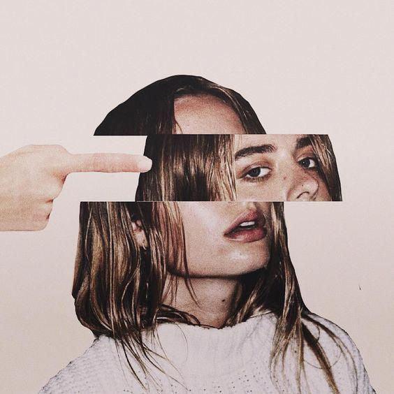 A person in a white sweater with their face visually split into horizontal strips; a hand points toward their head from the left side of the image.
