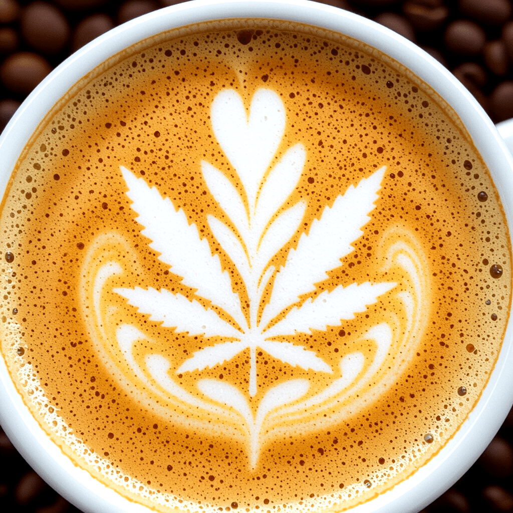 A cup of cannabis coffee with latte art resembling a cannabis leaf design on the foam.