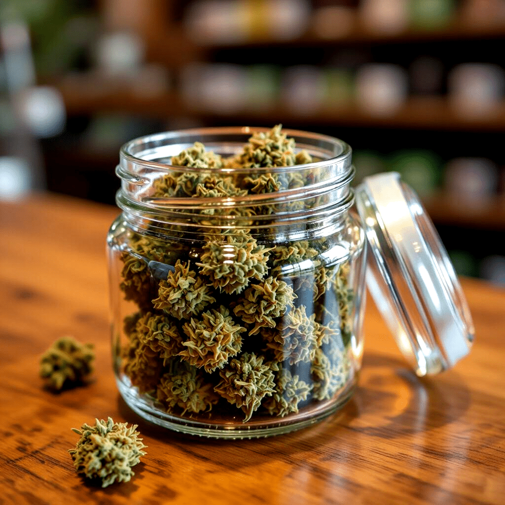 A glass jar filled with high-THCa cannabis buds sits on a wooden table, its lid open and a few potent buds scattered nearby.
