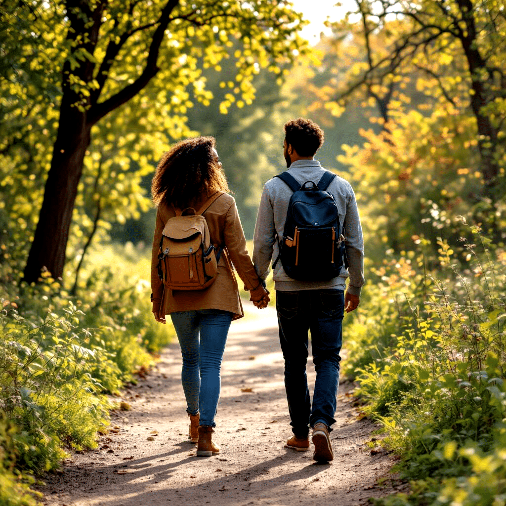 Two people with backpacks walk hand-in-hand along a sunlit forest path, surrounded by green foliage and trees—a peaceful moment that reflects wellness and connection with nature.