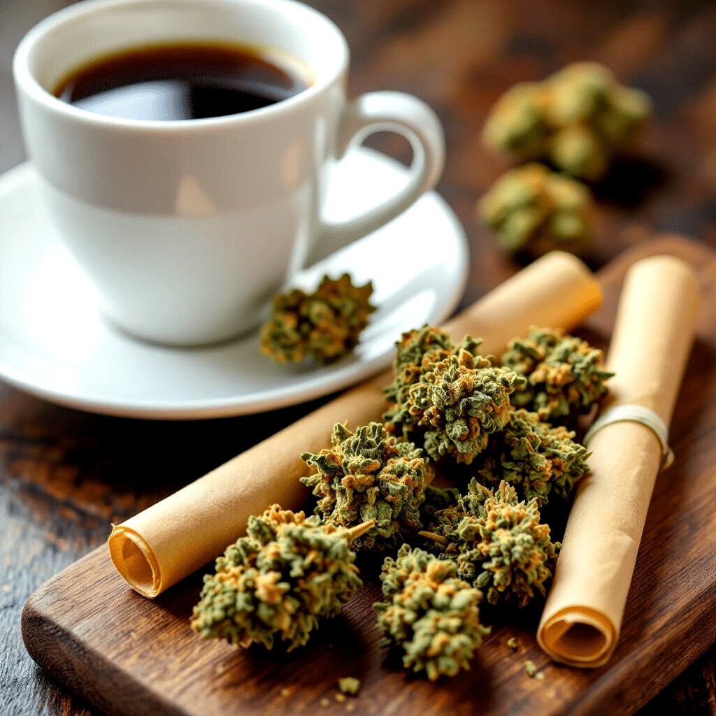A cup of black coffee sits next to sustainable cannabis buds and two rolled papers on a wooden board.