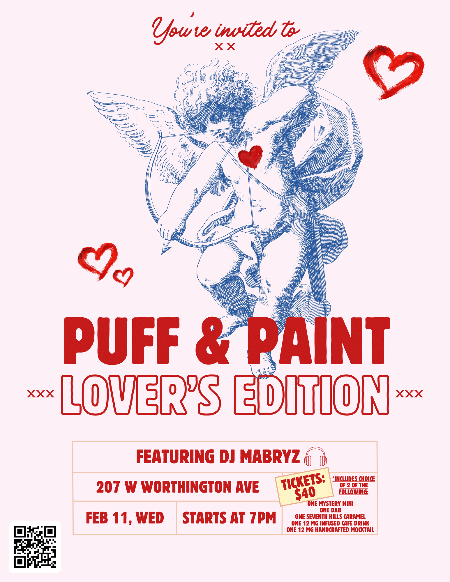Poster for "Puff & Paint: Lover's Edition" event with Cupid illustration, event details, and ticket information; DJ Mabryz featured, starts at 7PM, Feb 11, 207 W Worthington Ave.