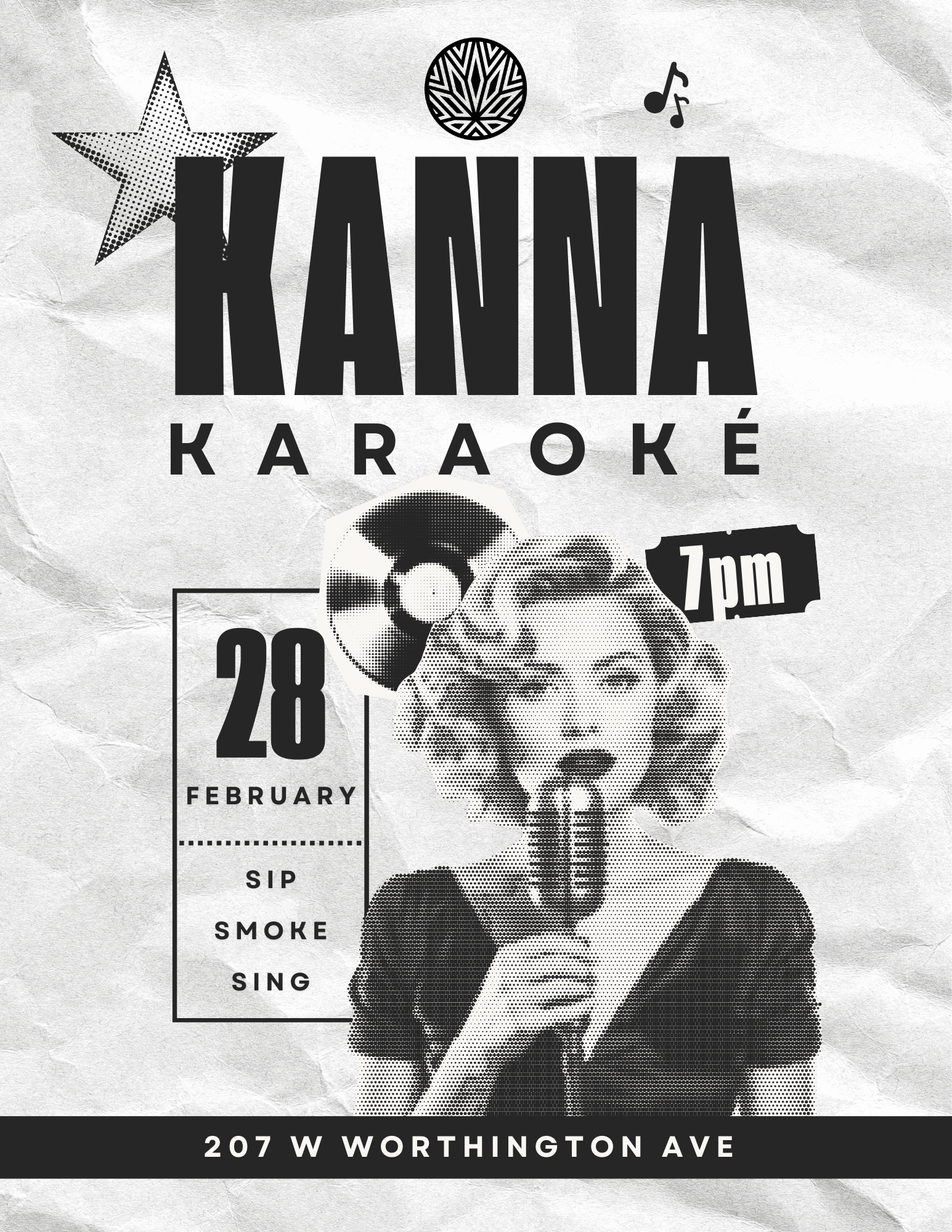 Black and white poster for "KANNA Karaoke" on February 28 at 7pm, featuring a woman singing, music icons, and the address 207 W Worthington Ave.