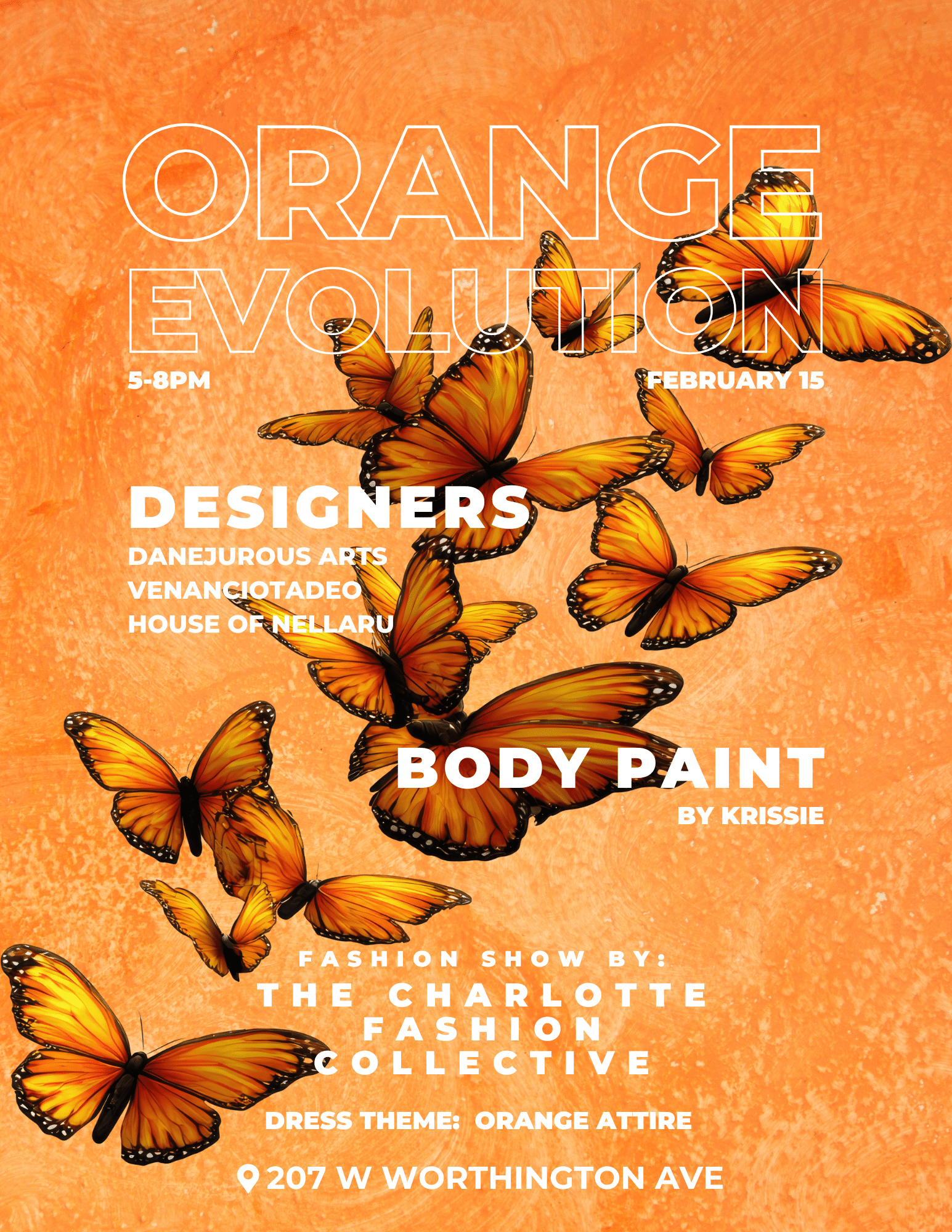 Poster for "Orange Evolution" event featuring butterflies, event details, designers, body paint artist, fashion show information, dress theme, and location on an orange background.