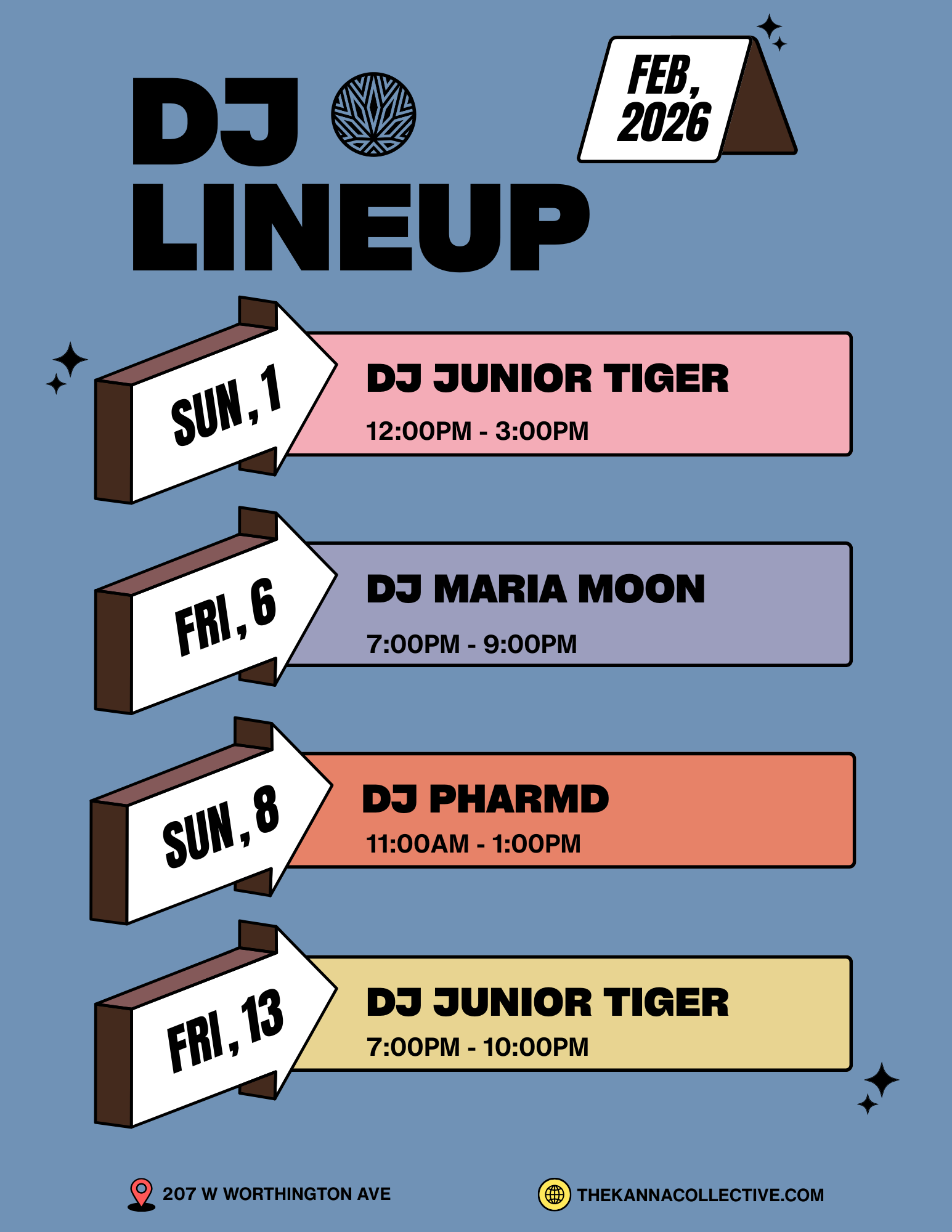Poster for DJ Lineup in February 2026, listing four events with DJs Junior Tiger, Maria Moon, and PharmD, with event dates, times, and venue address.