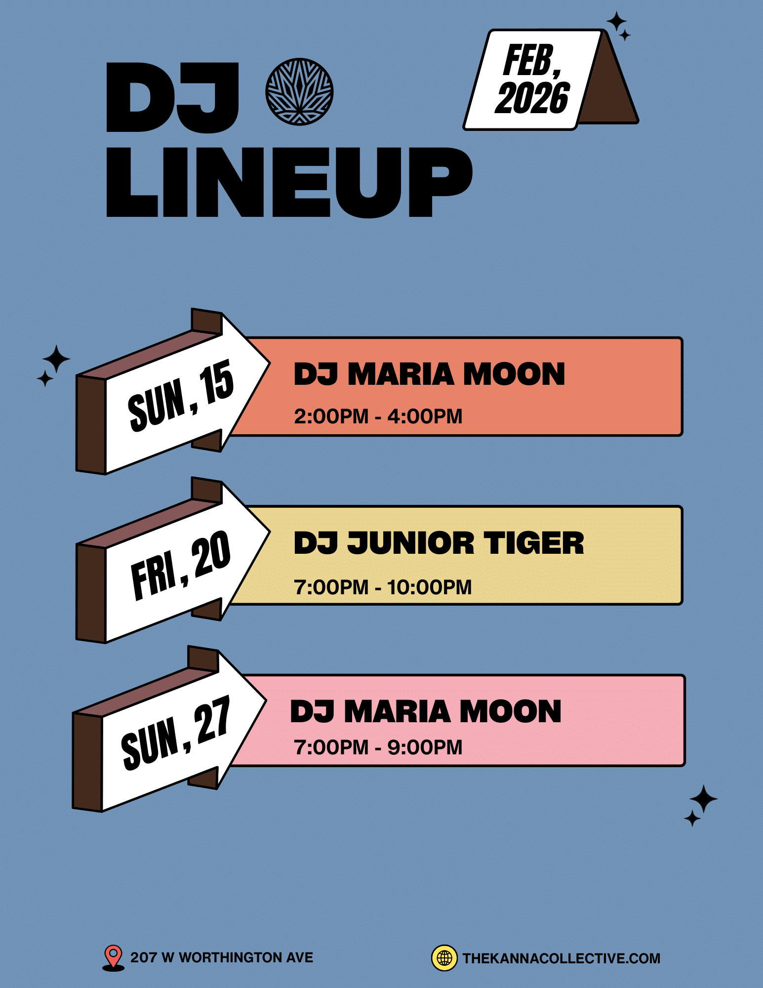 Poster with DJ lineup for February 2026, featuring DJ Maria Moon and DJ Junior Tiger on February 15, 20, and 27 at 207 W Worthington Ave.