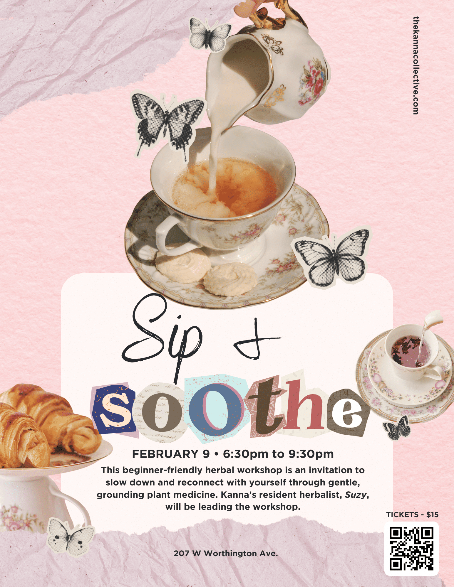 A tea is being poured into a floral teacup with butterflies around it, alongside croissants, with text promoting a herbal workshop event called "Sip & Soothe.