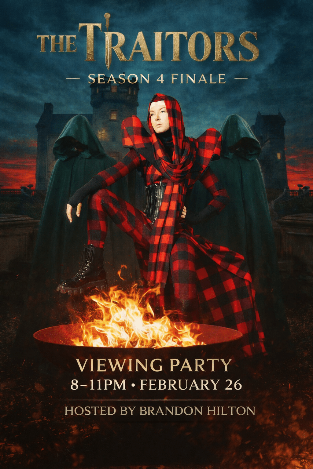 A person in a red plaid outfit poses dramatically in front of two hooded figures and a castle. Text announces "The Traitors Season 4 Finale Viewing Party, February 26, hosted by Brandon Hilton.