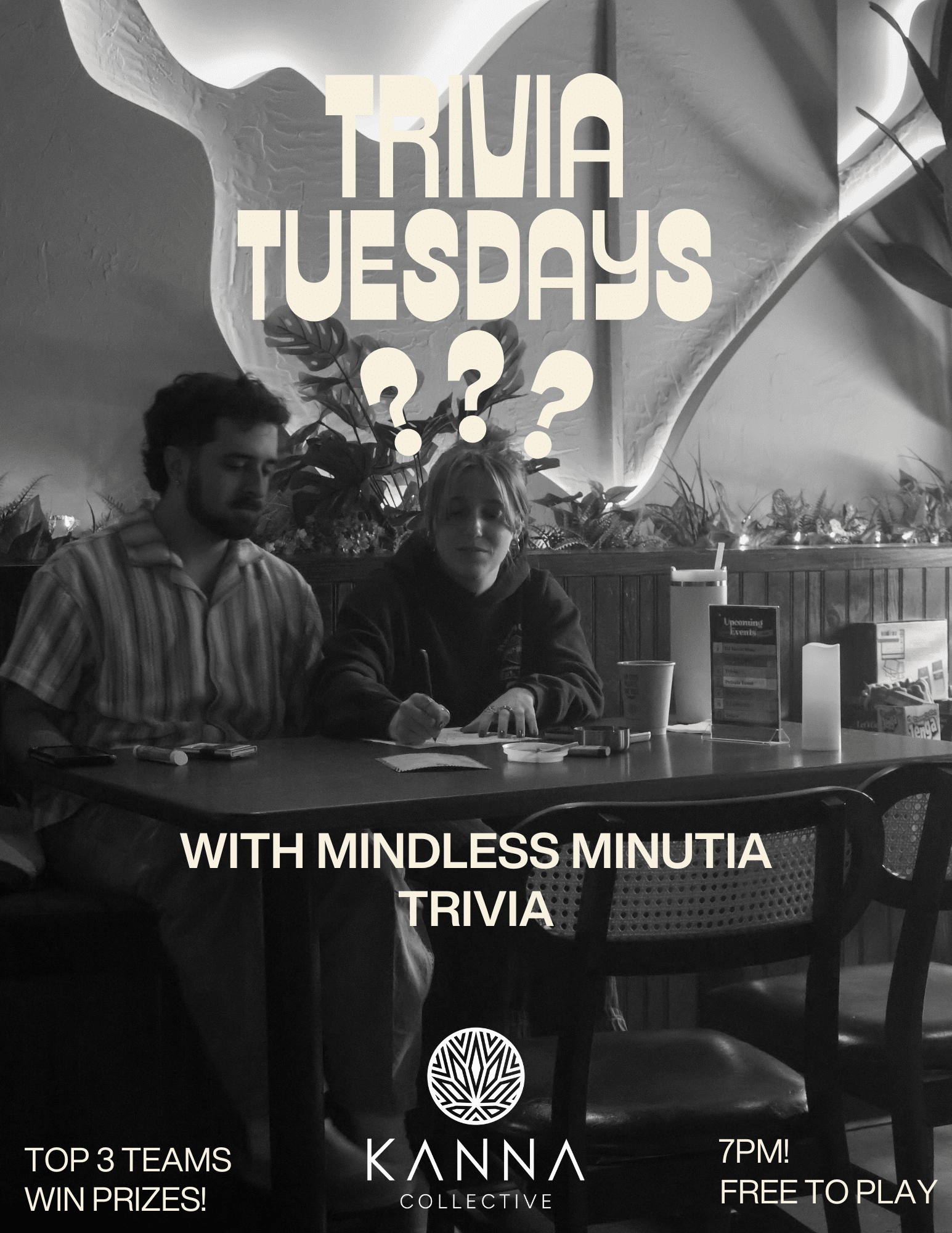 Two people sit at a table with pens and answer sheets at a trivia event. Text reads: Trivia Tuesdays with Mindless Minutia Trivia at Kanna Collective, 7pm, free to play, prizes for top 3 teams.