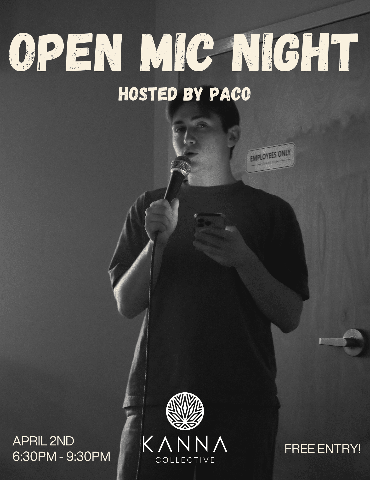 A person stands with a microphone in hand, speaking at an open mic night event. Text on the image displays event details, date, time, and mentions free entry.