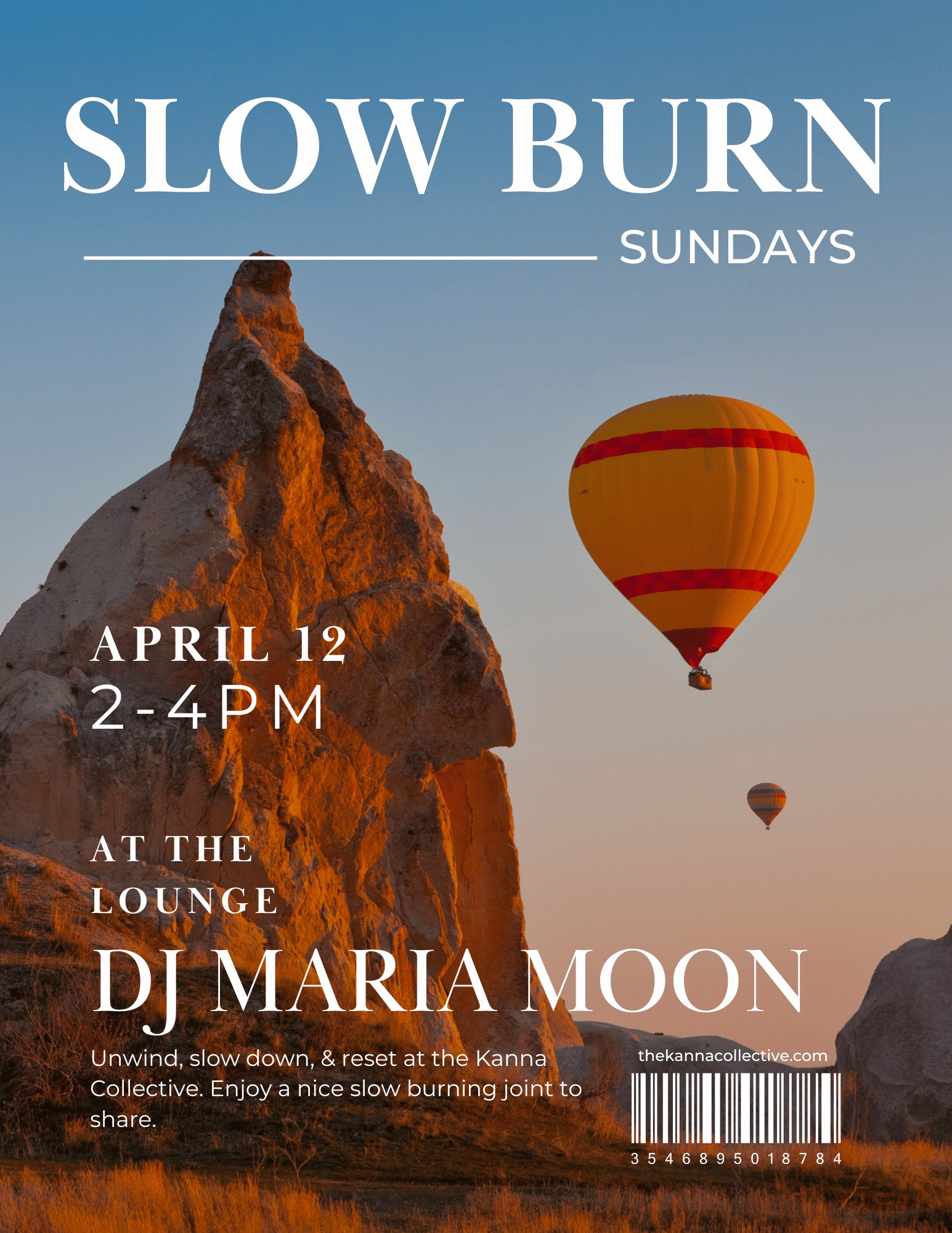Hot air balloons float over rocky formations at sunset with event details for "Slow Burn Sundays" featuring DJ Maria Moon, April 12, 2-4 PM at The Lounge.
