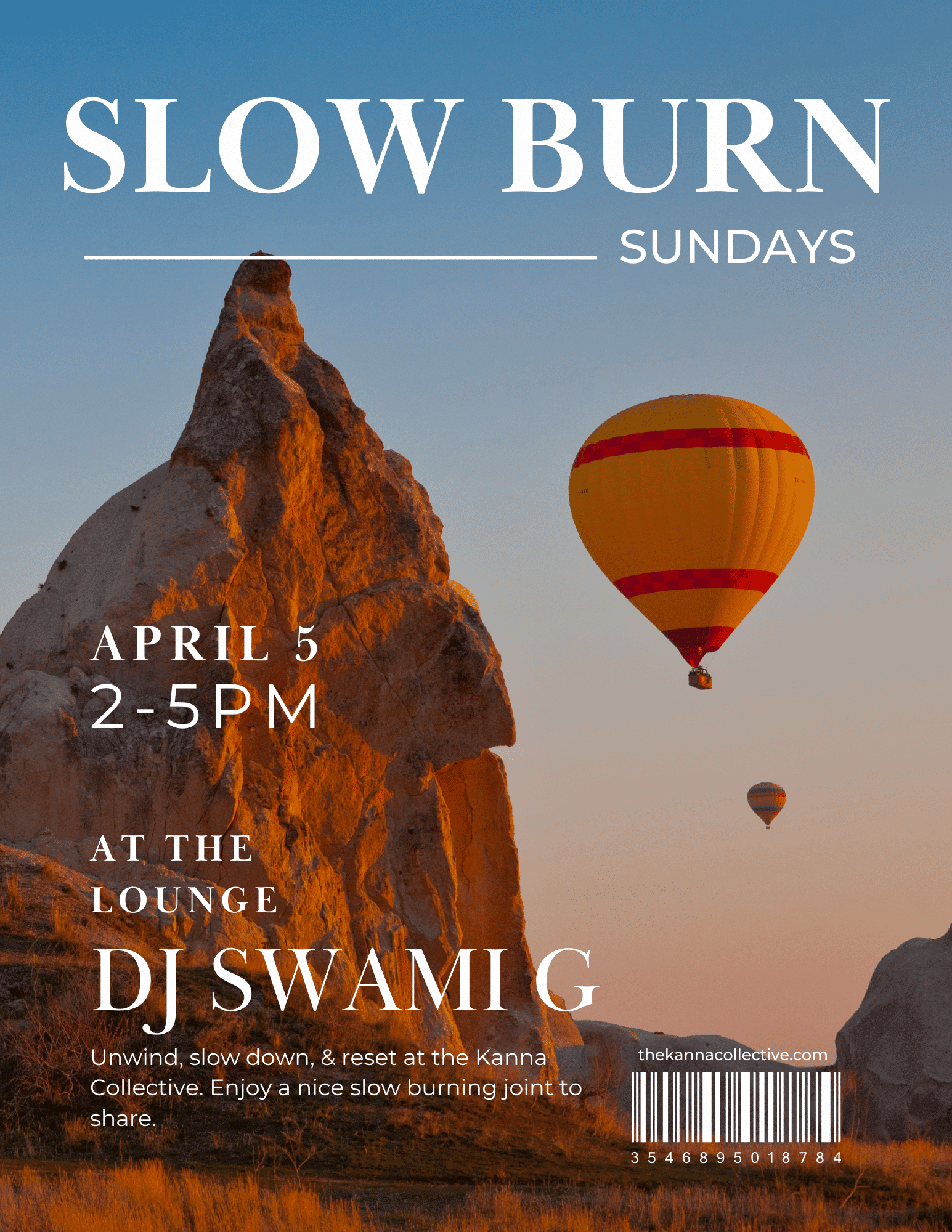 A hot air balloon floats near rocky formations at sunset; event text overlays promote "Slow Burn Sundays" with DJ Swami G on April 5, 2–5 PM at the Lounge.