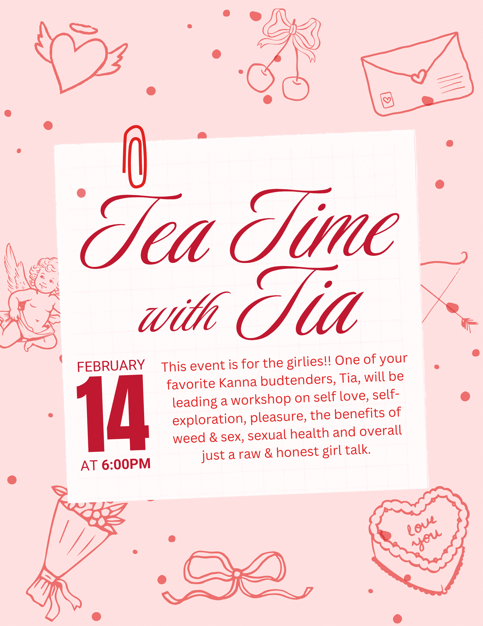 Event flyer with pink illustrations announces "Tea Time with Tia" on February 14 at 6:00 PM, featuring a workshop on self-love, pleasure, and related topics for women.