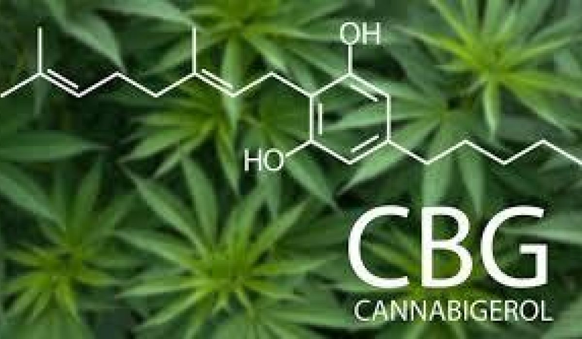 A molecular structure labeled CBG (cannabigerol) is displayed over a background of green cannabis leaves.