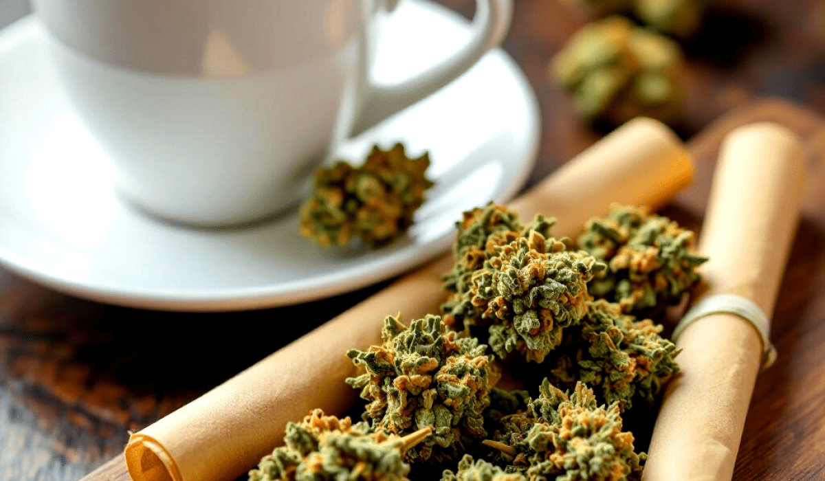 A cup of black coffee sits next to sustainable cannabis buds and two rolled papers on a wooden board.