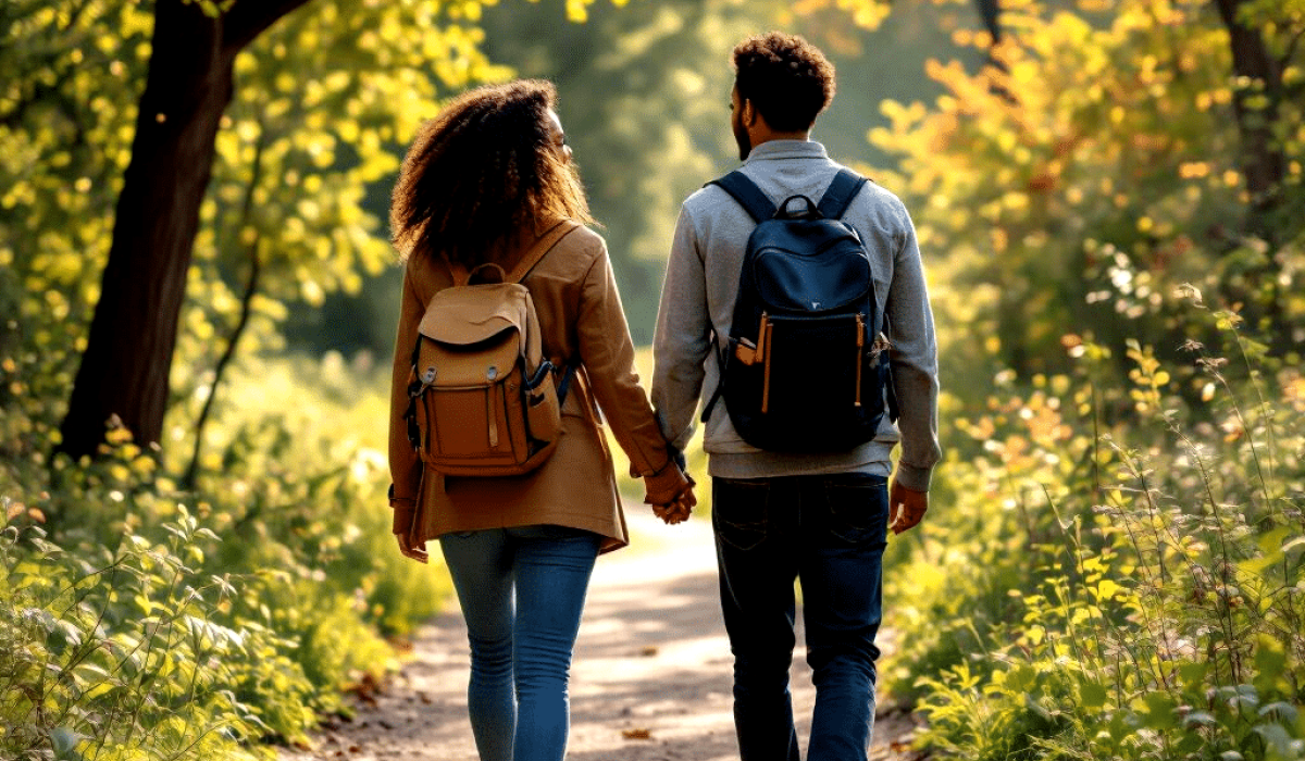 Two people with backpacks walk hand-in-hand along a sunlit forest path, surrounded by green foliage and trees—a peaceful moment that reflects wellness and connection with nature.