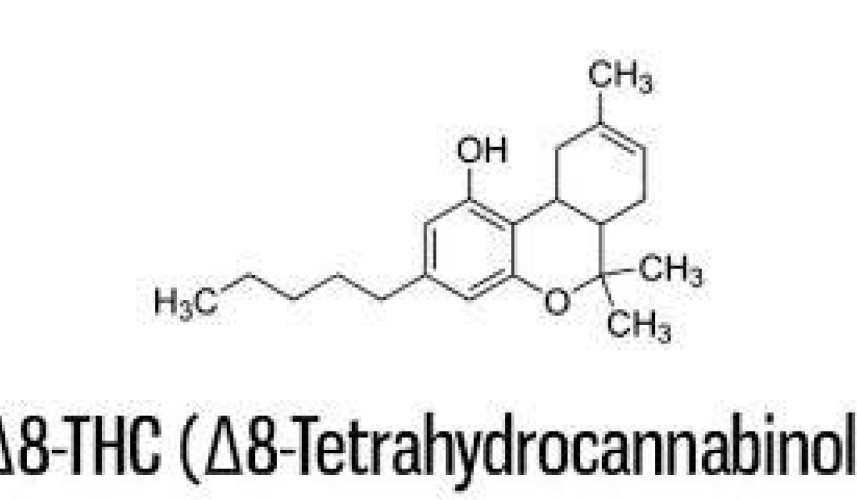 Structural formula of Delta-8-THC (Delta-8-Tetrahydrocannabinol) shown with chemical bonds and labeled molecular groups.