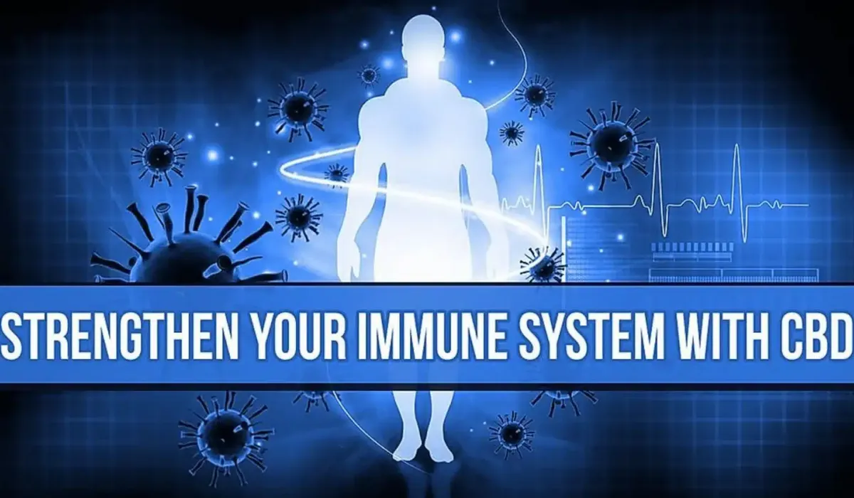 Silhouette of a human figure surrounded by virus-like shapes with text overlay: "Strengthen Your Immune System With CBD.