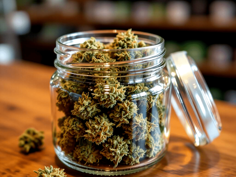 A glass jar filled with high-THCa cannabis buds sits on a wooden table, its lid open and a few potent buds scattered nearby.