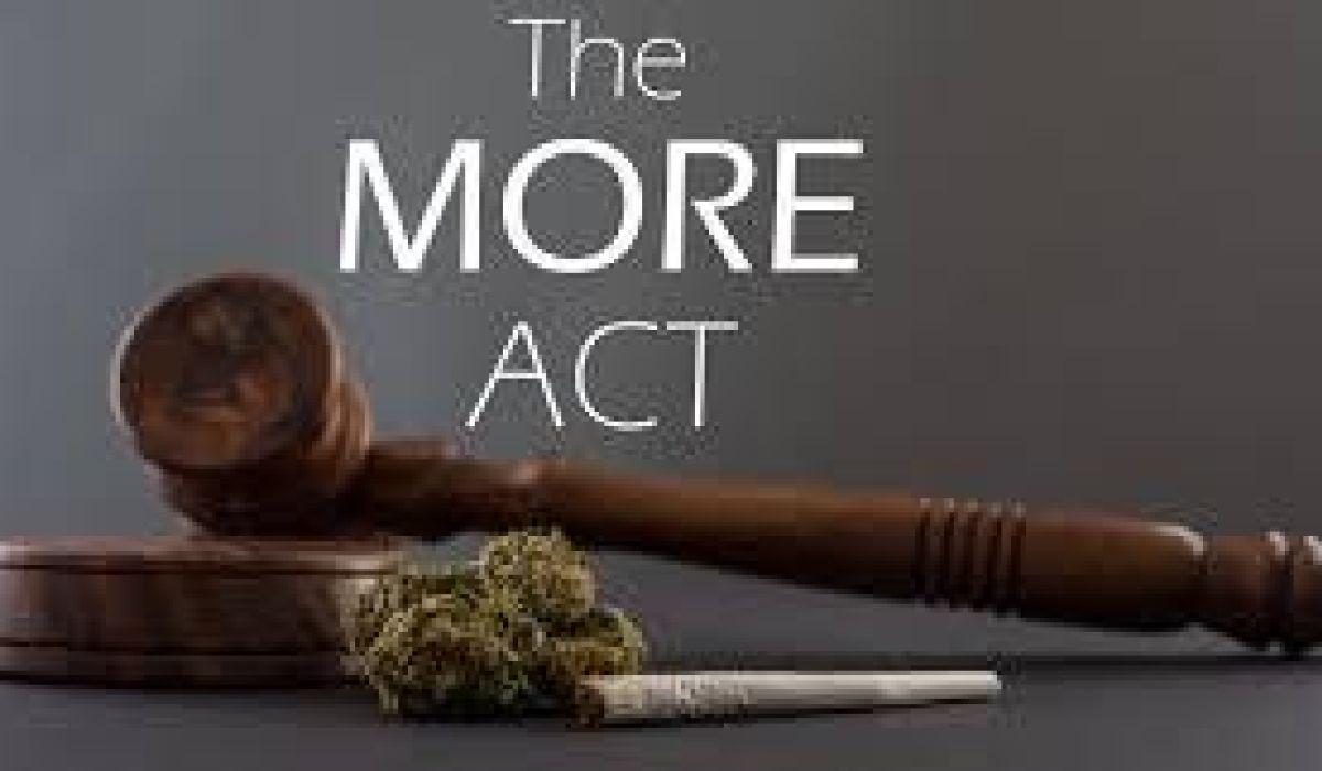 A judge's gavel, cannabis bud, and joint are placed in front of text that reads "The MORE ACT" on a dark background.