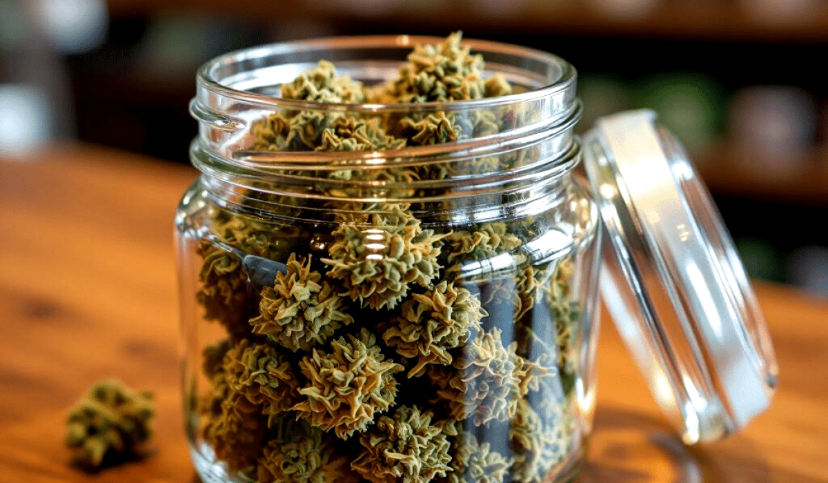 A glass jar filled with high-THCa cannabis buds sits on a wooden table, its lid open and a few potent buds scattered nearby.
