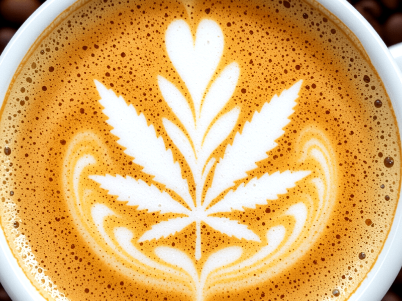 A cup of cannabis coffee with latte art resembling a cannabis leaf design on the foam.