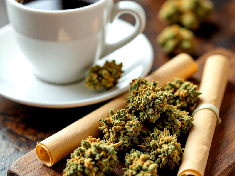 A cup of black coffee sits next to sustainable cannabis buds and two rolled papers on a wooden board.