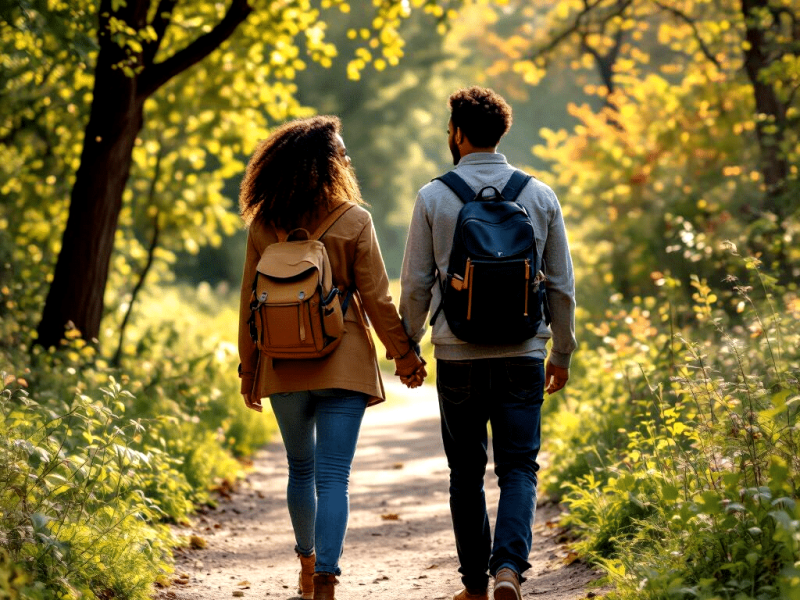 Two people with backpacks walk hand-in-hand along a sunlit forest path, surrounded by green foliage and trees—a peaceful moment that reflects wellness and connection with nature.